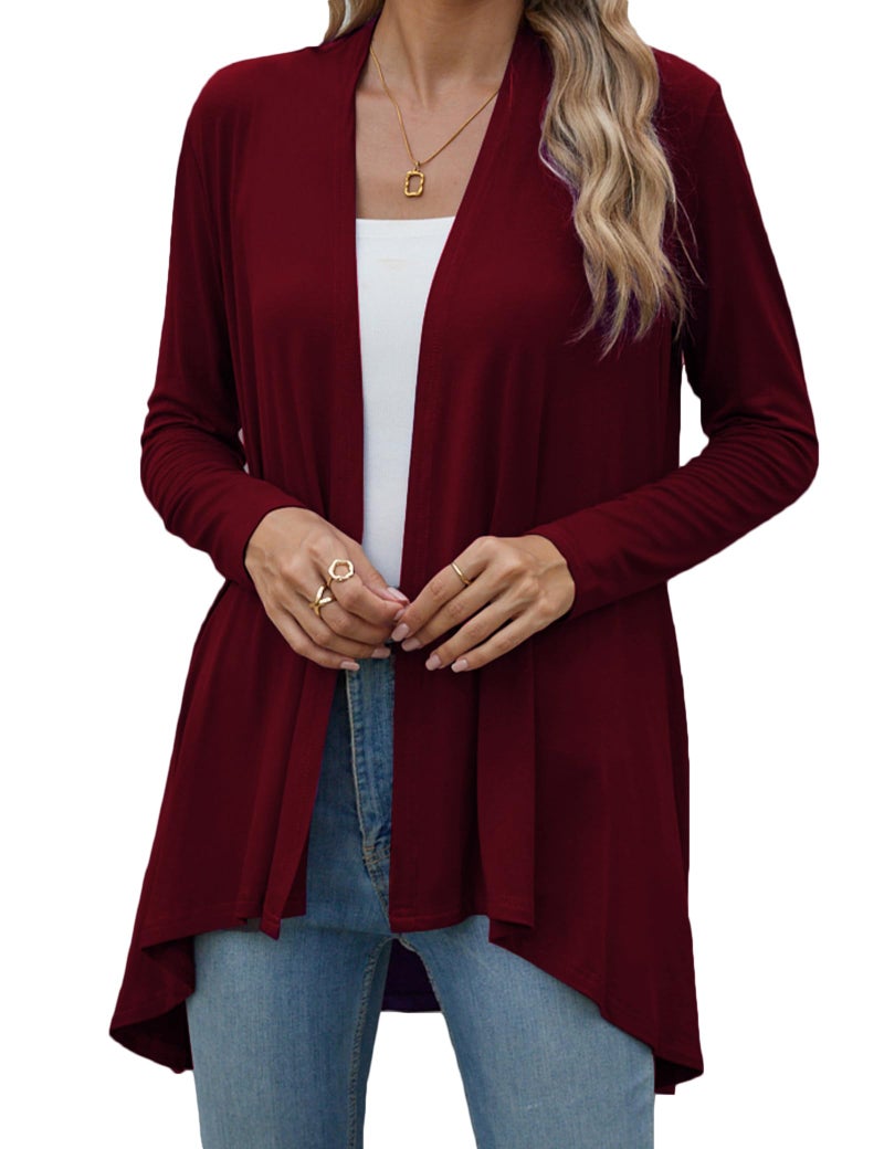 POGTMM Women's Long Sleeve Soft Knit Sweater Open Front Cardigan with Pockets (US L(12-14), Wine Red) - Image 5